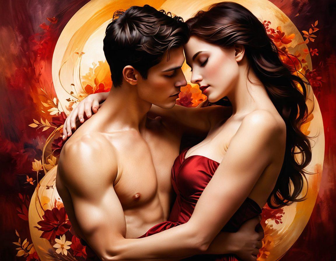 A sensual and artistic depiction of a couple intertwined in an intimate embrace, surrounded by soft, warm lighting. The focus is on the allure and passion of their interaction, emphasizing curves and expressions. The background features abstract shapes and faint floral motifs to enhance the romantic ambiance. Explore a color palette of deep reds and golds to evoke warmth and desire. super-realistic. vibrant colors. soft focus.
