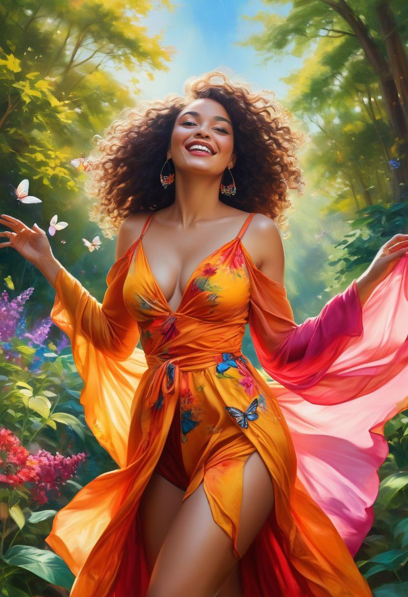 A stunning portrayal of diverse, voluptuous women confidently celebrating their beauty in a vibrant outdoor setting, surrounded by nature, wearing colorful and flowing outfits. Their joyful expressions reflect empowerment and self-love, with soft sunlight casting playful shadows. Include elements like flowers and butterflies to enhance the beauty and liveliness of the scene. vibrant colors. painting.